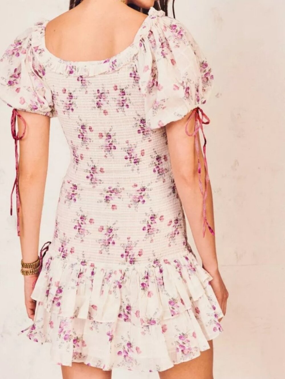 LoveShackFancy X AERIN Violet Smocked floral Puff Sleeve ruffle Mini tunic Dress - Picture 2 of 12